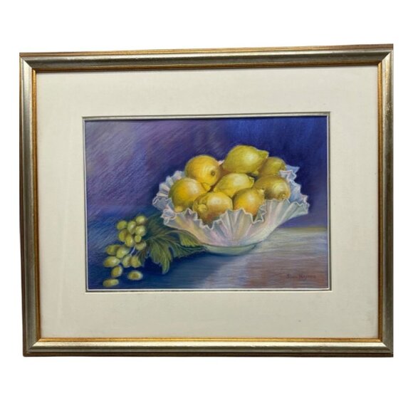 Joan Haynes Framed Still Life Pastel Painting Of Lemons & Grapes Glass Bowl READ - Picture 1 of 11